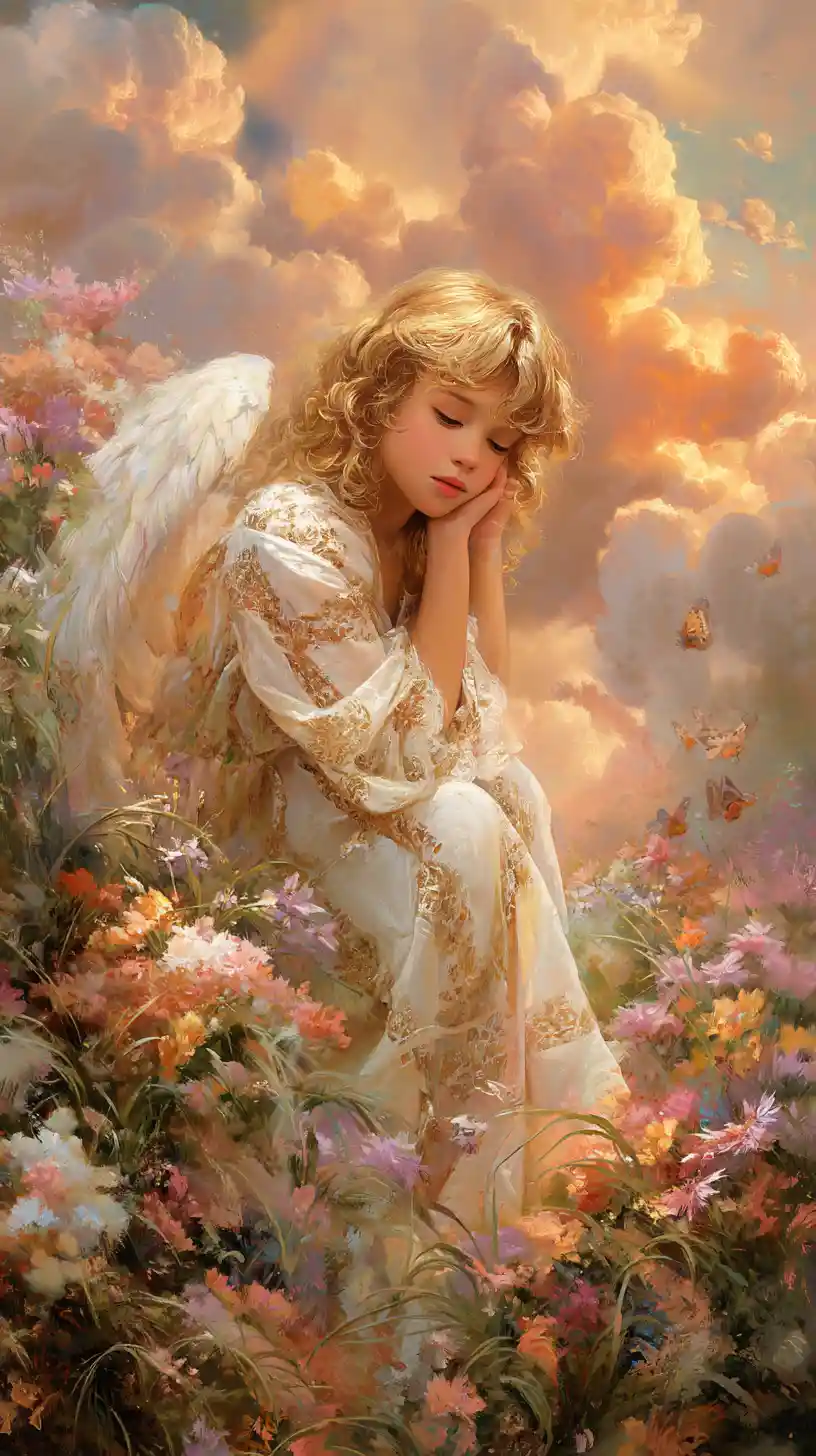 Ethereal angelic woman in a floral dreamscape at sunset