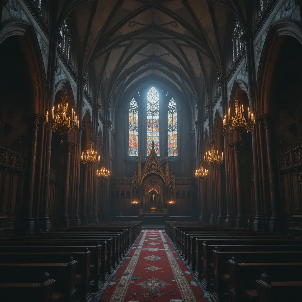 Forgotten gothic cathedral interior lit by candle chandeliers