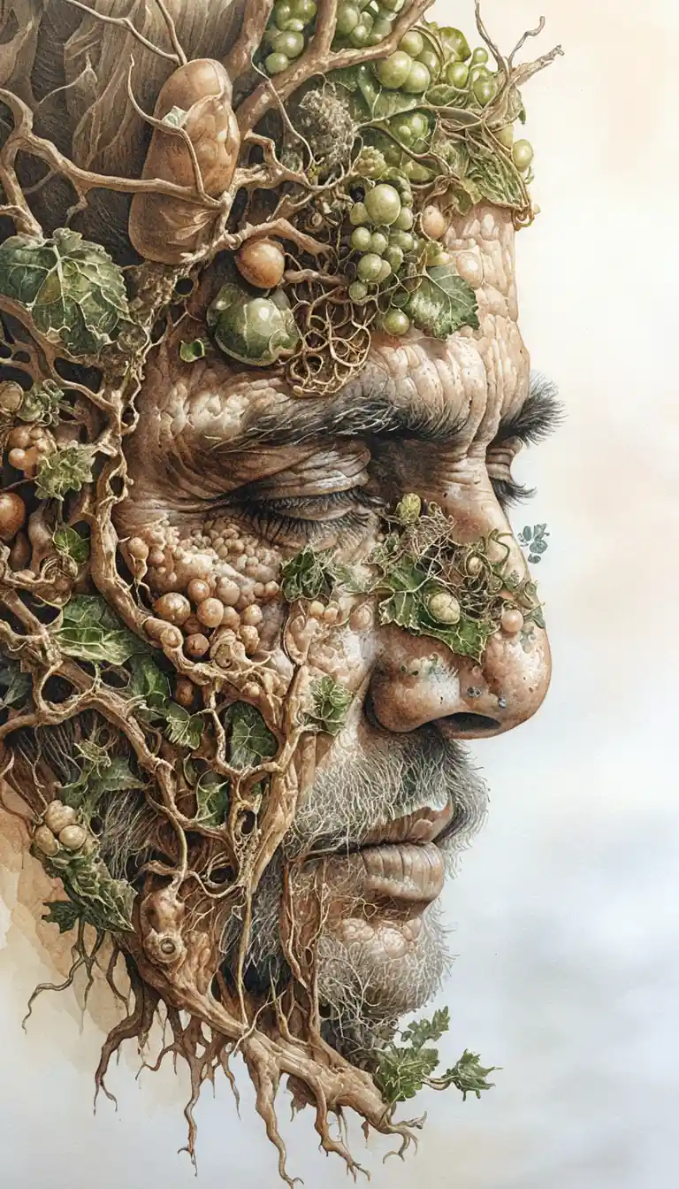 Elderly man in profile fused with ivy and forest bark