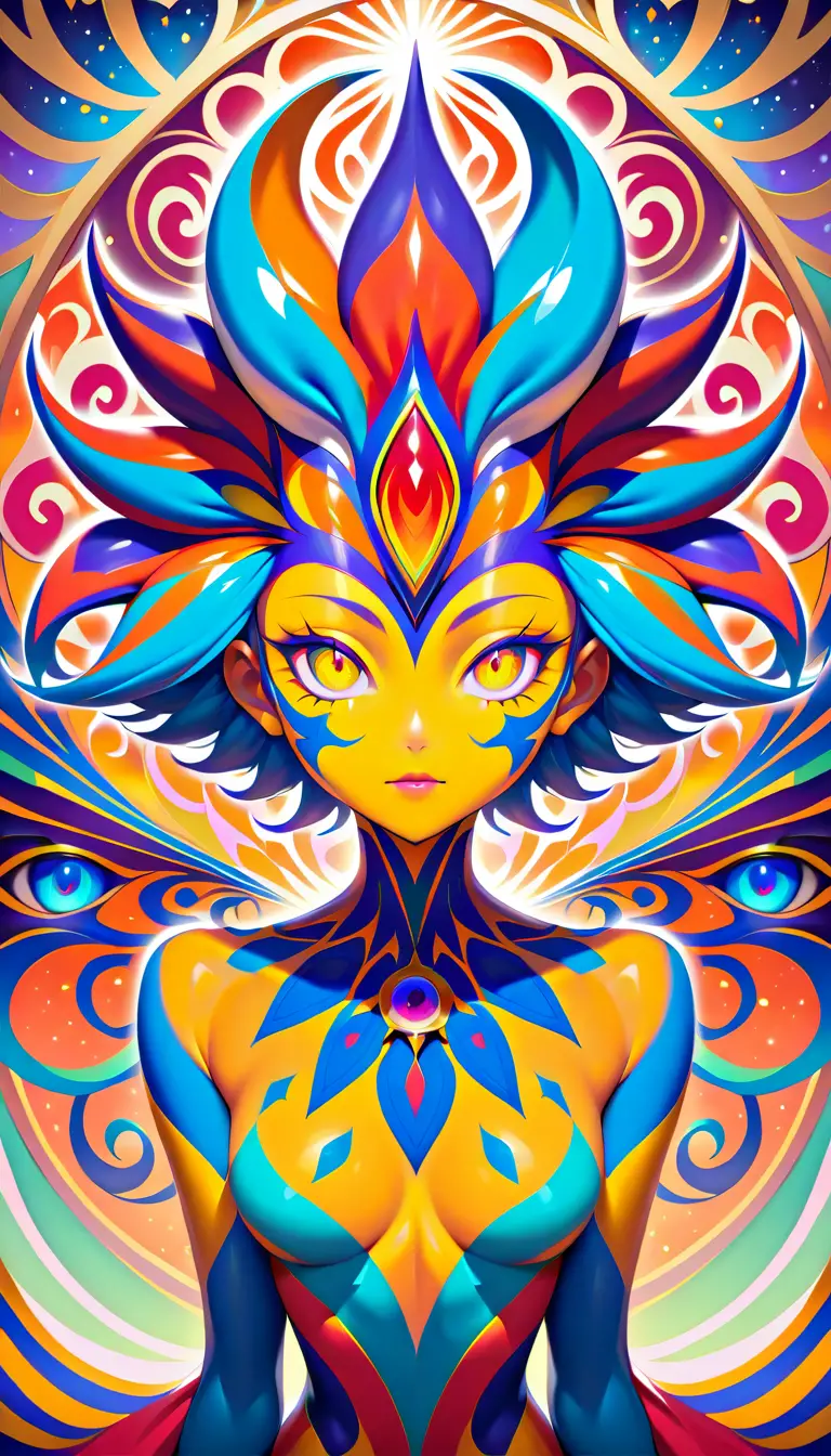 Cosmic jester portrait with kaleidoscope mask and fractal aura