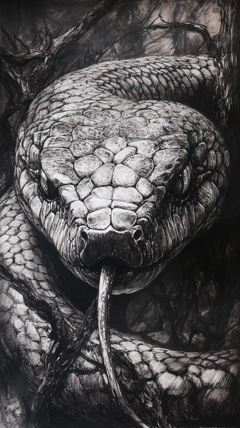 Surreal charcoal portrait of a serpent with enigmatic gaze