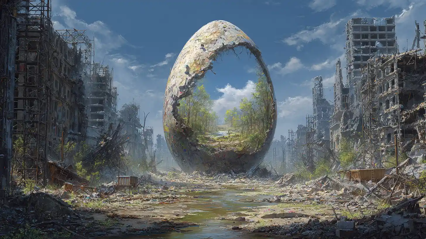 Giant cracked egg forest blooming in ruined dystopian city