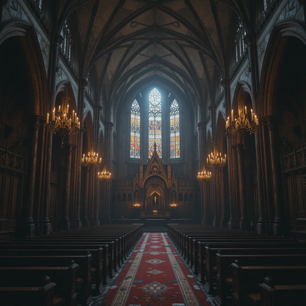 Interior de catedral gótica olvidada iluminado por candelabros