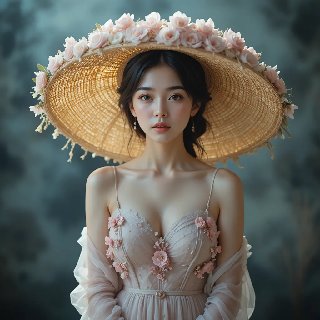 Young Asian woman in floral dress and straw hat
