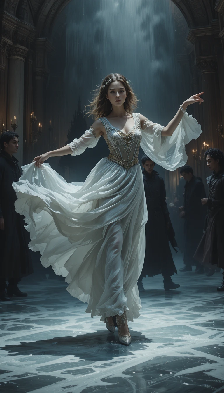 Baroque Dancer In Period Costume On Dark Dramatic Stage