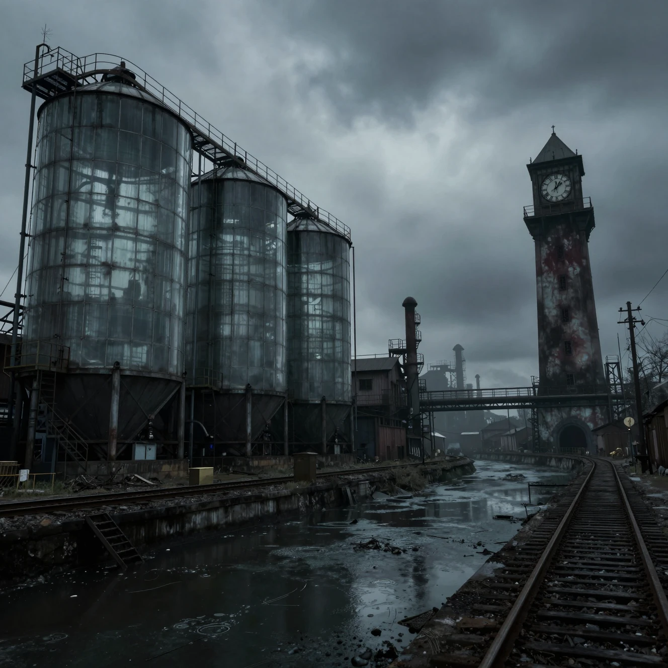 Spooky clock towers over glass silos in industrial railyard