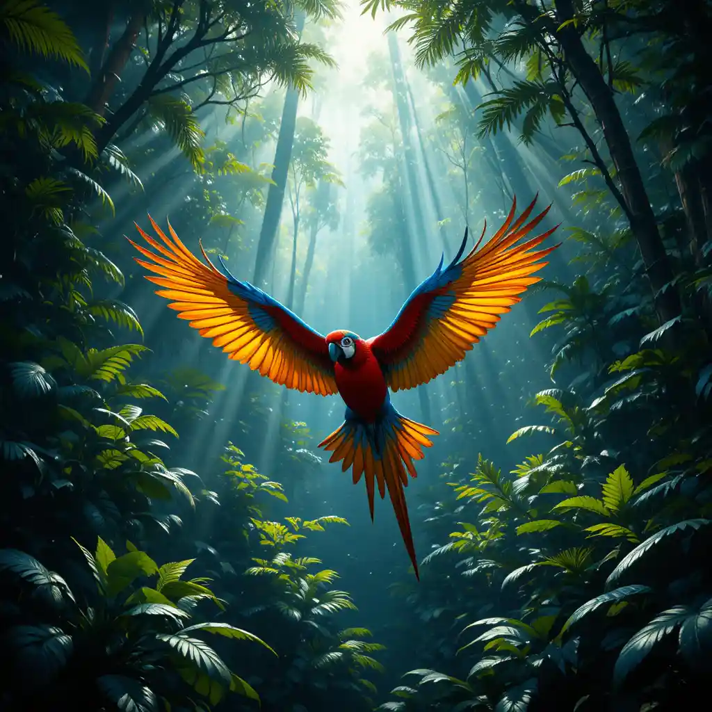 Colorful macaw flying through lush Brazilian rainforest canopy