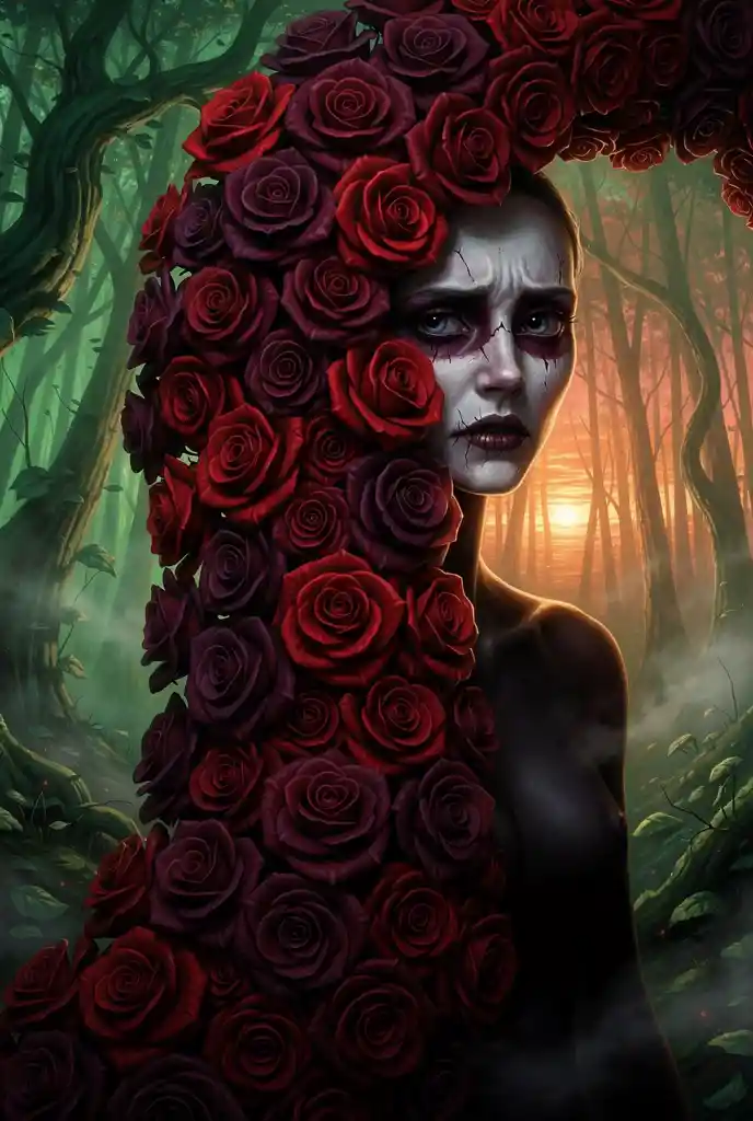 Monstruo surreal que emerge de una cortina de rosas rojas en cascada