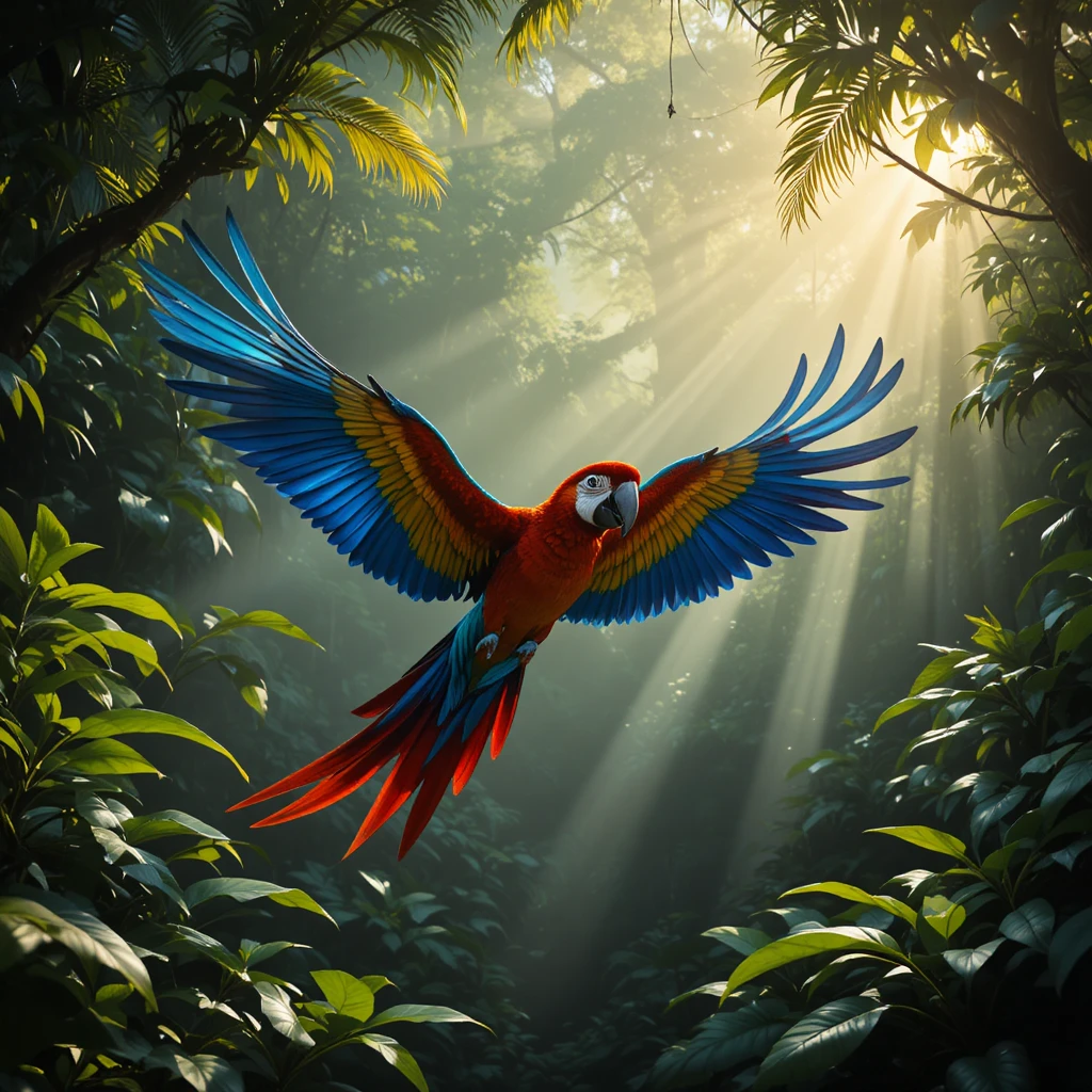 Colorful macaw flying through lush Brazilian rainforest canopy