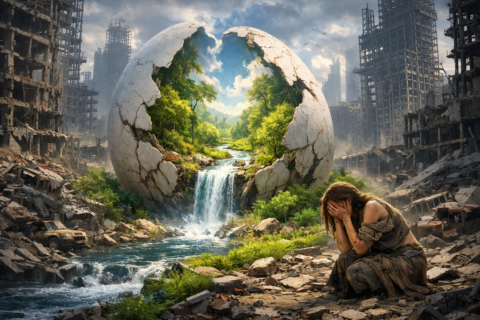 Ruined dystopian city with giant egg of new life