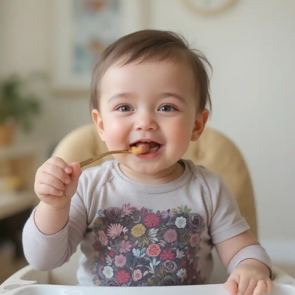 Happy baby enjoying a spoonful of tasty food