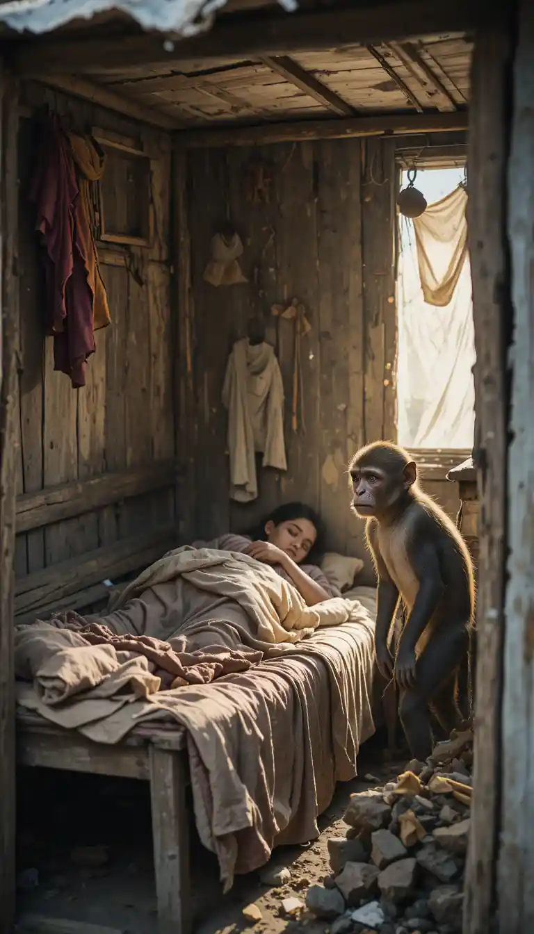 Sick grandmother in tin hut with worried monkey companion