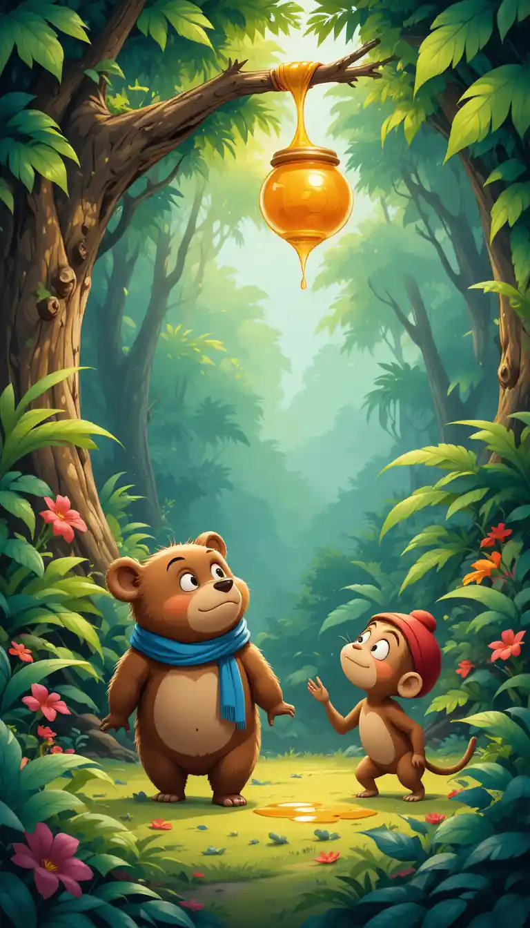 Cute little bear walking through a bright jungle