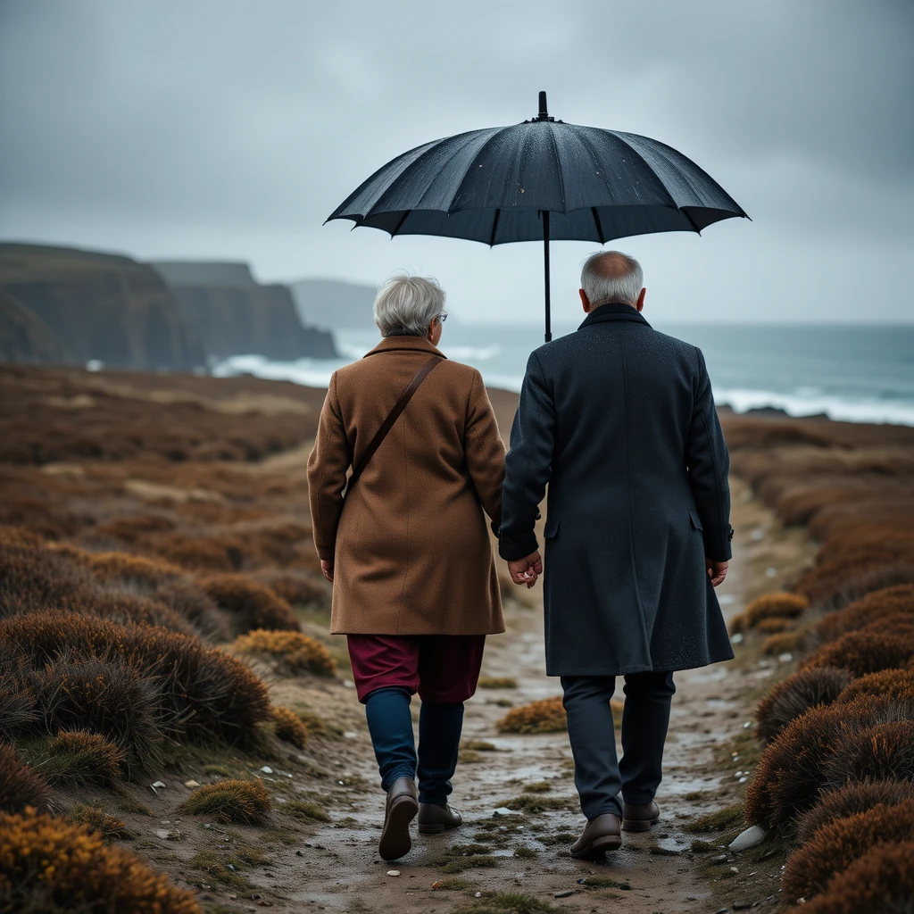 Couple âgé marchant main dans la main sur la lande côtière