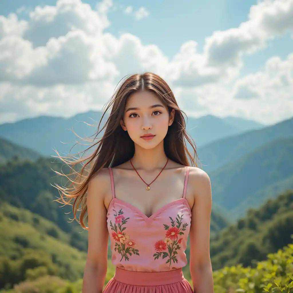 Young woman in pink outfit in front of green mountains
