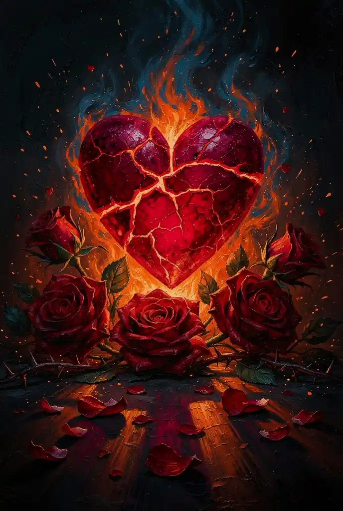 Scary Valentine heart with roses and blazing fire