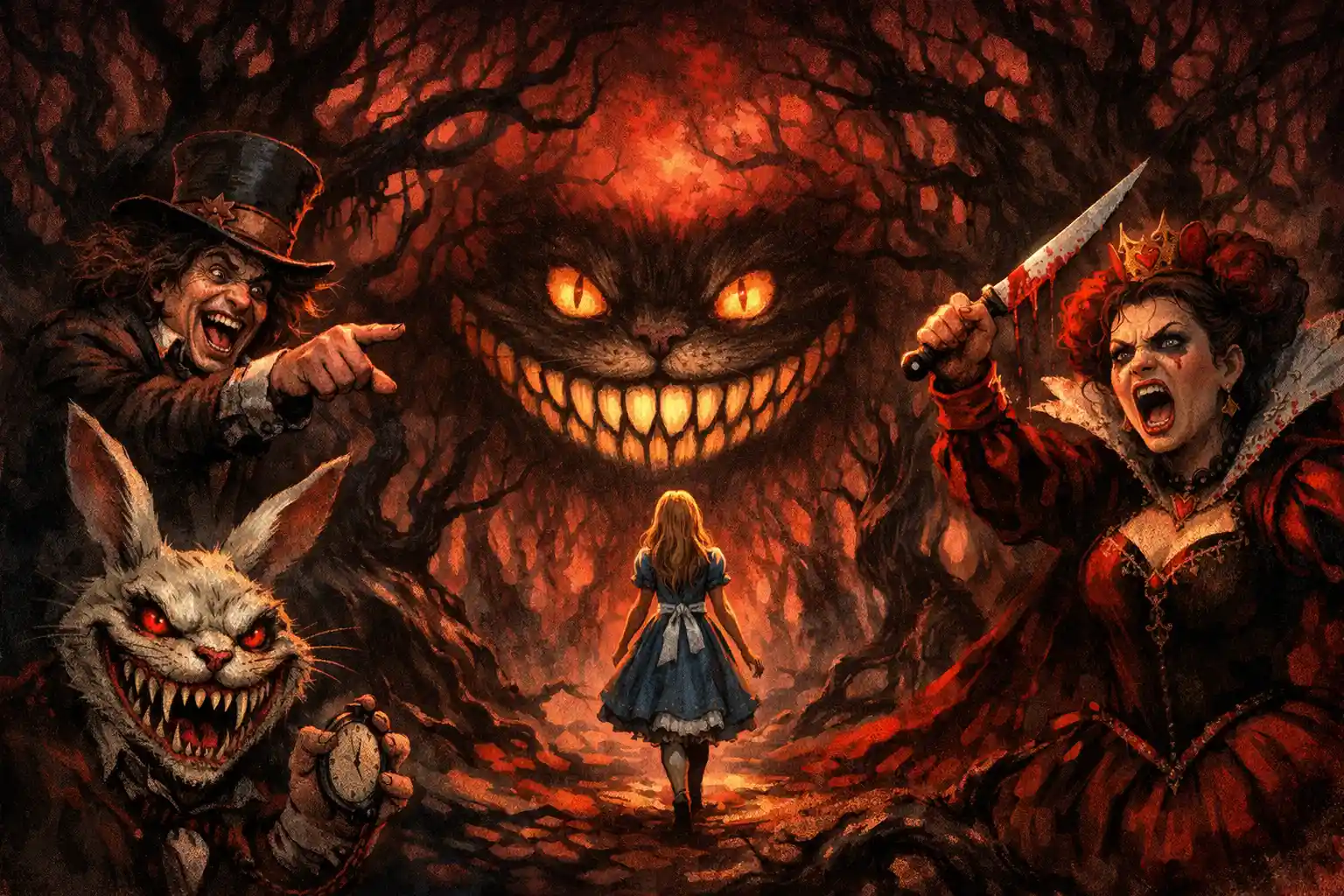 Alice walking alone through a sinister dark forest