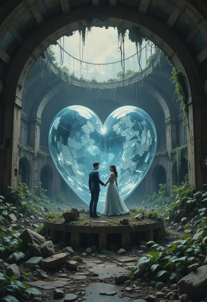 Couple Holding Hands Inside Crystal Capsule In Futuristic Ruin