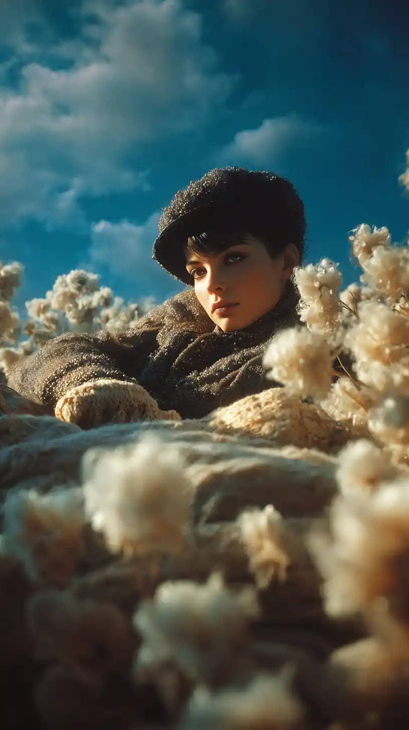 Woman resting on blanket in frozen daisy field