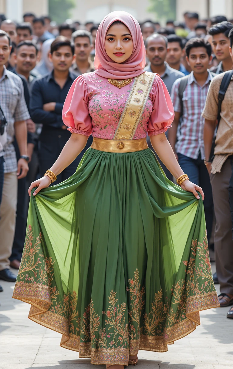 Curvy hijab woman in colorful outfit before a crowd