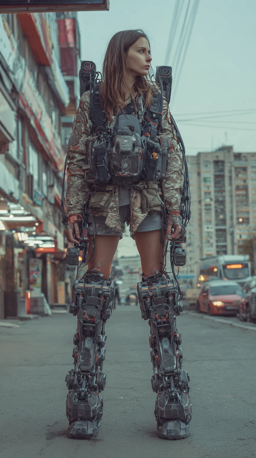 Cyberpunk-Krieger auf industriellen Exoskelett-Beinen in den Straßen des zukünftigen Moskau