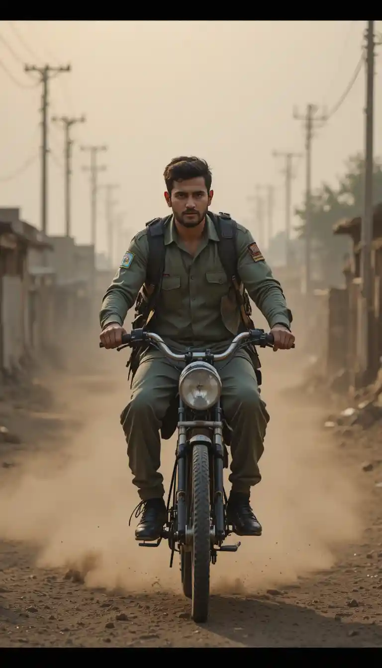 Pakistani soldier riding a bike through a dusty town street