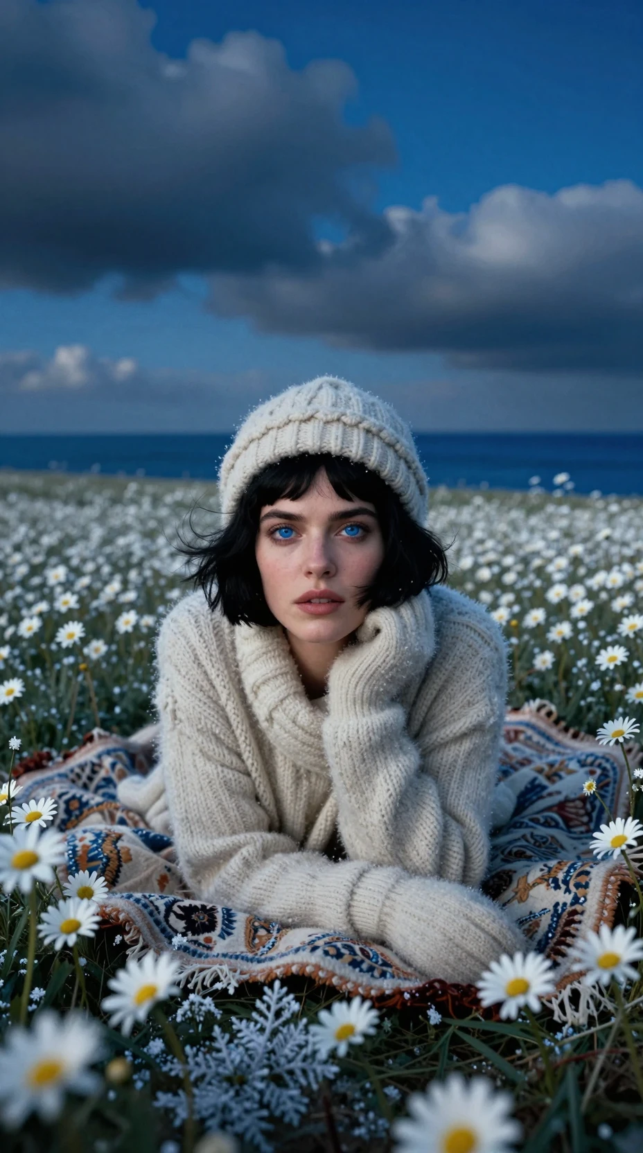 Femme se reposant sur une couverture dans un champ de marguerites gelé