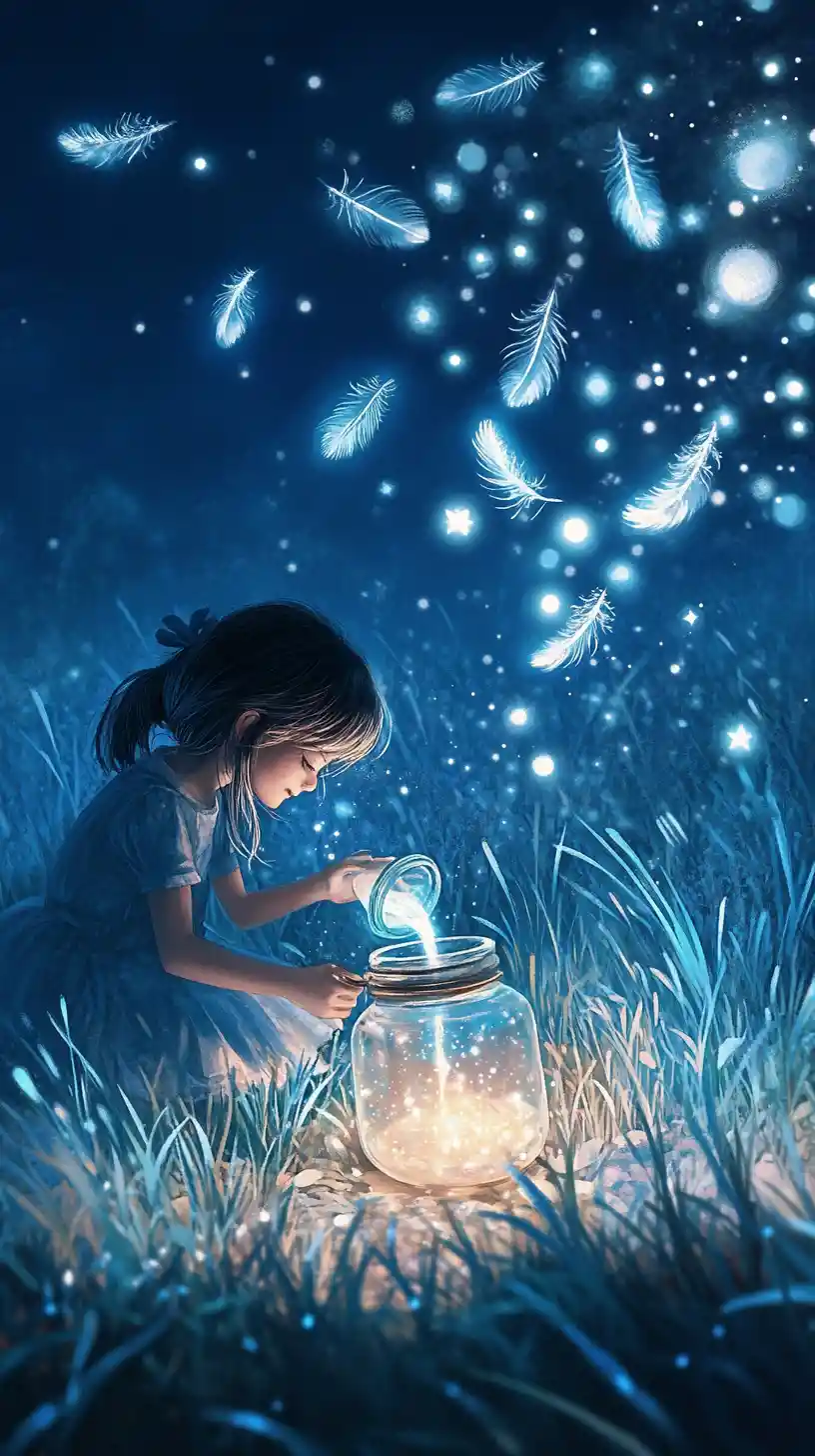 Girl Pouring Moonlight Into A Lantern Under Starry Sky
