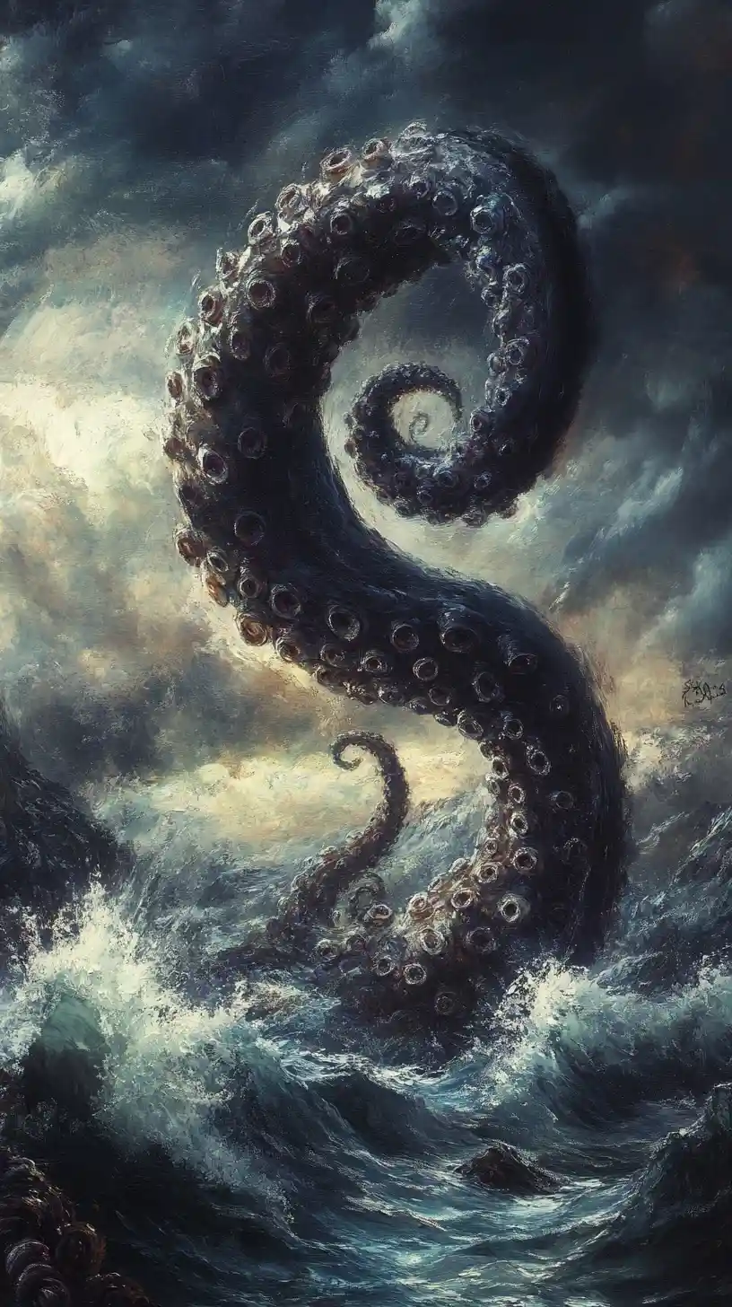 Giant sea monster tentacle rising from a stormy ocean