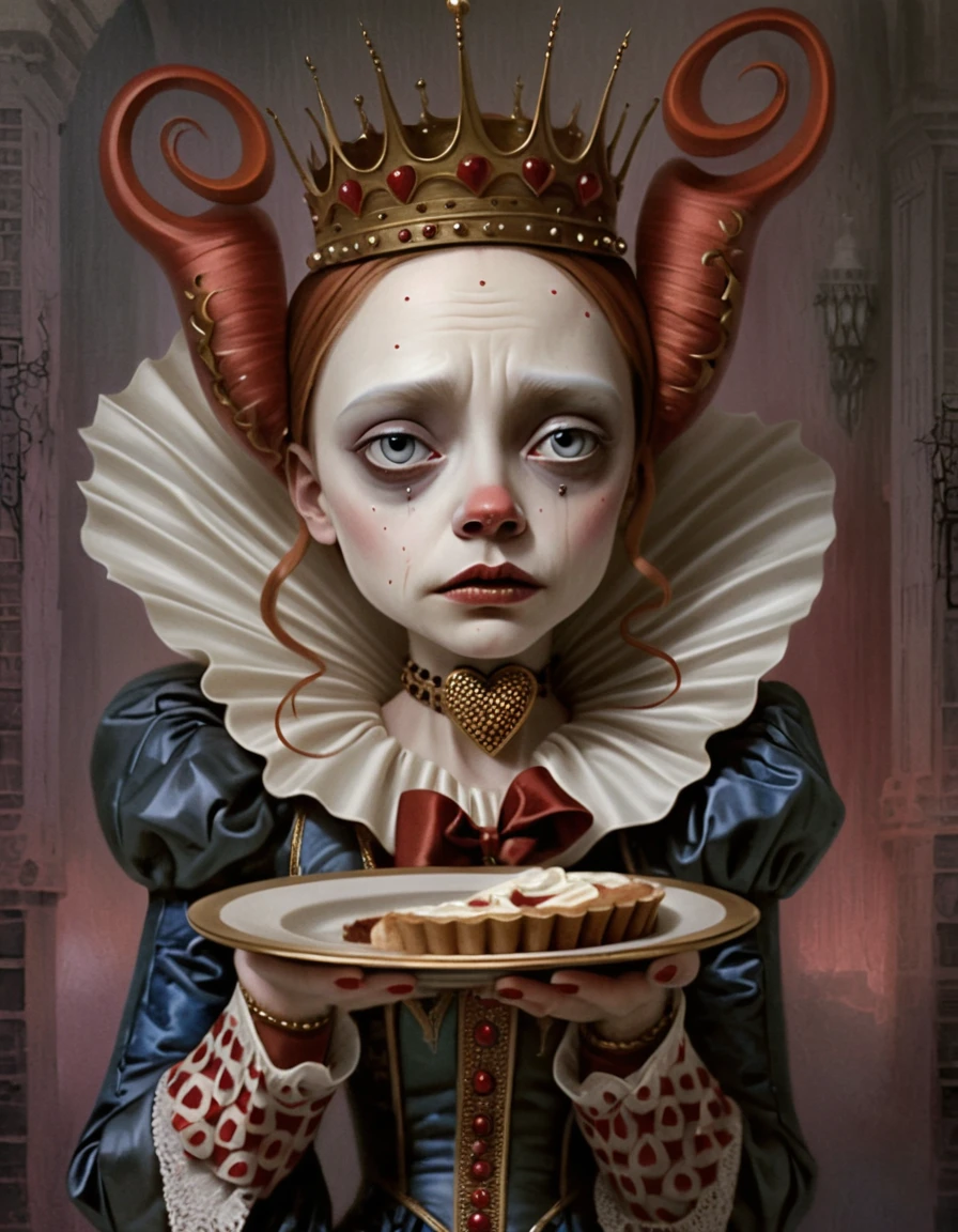 Melancholic queen of hearts with surreal porcelain doll face