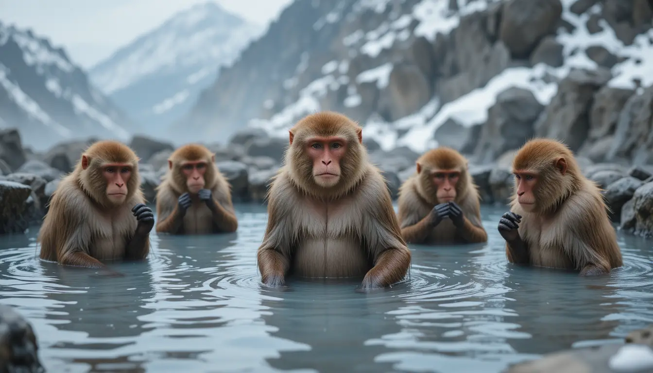 Japanese macaques relaxing in a snowy mountain hot spring