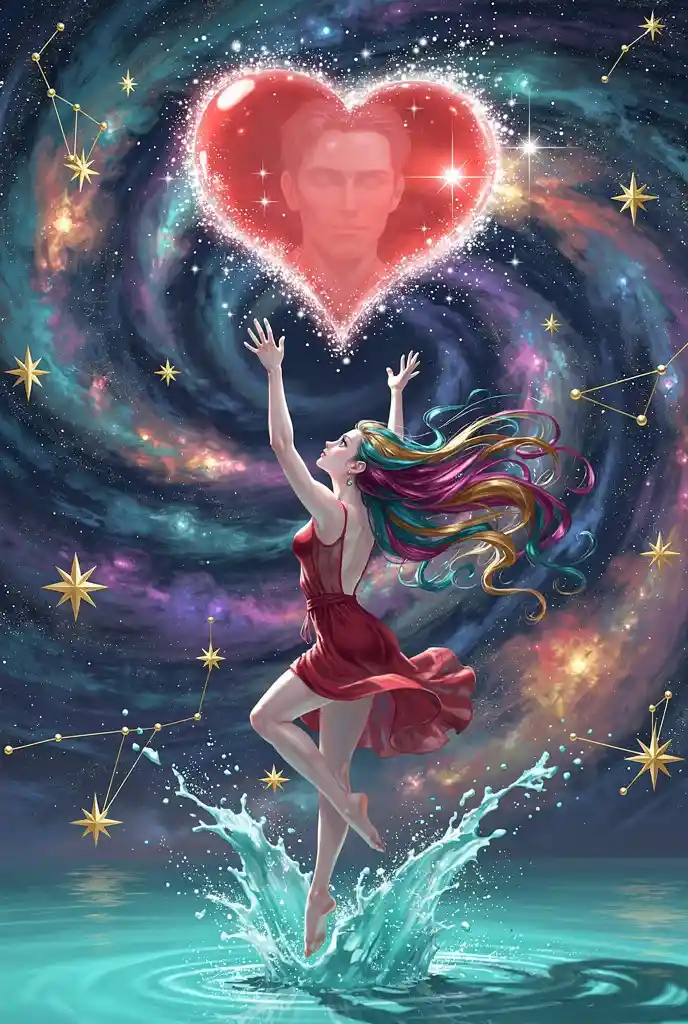 Ethereal woman leaping from water toward glowing red heart