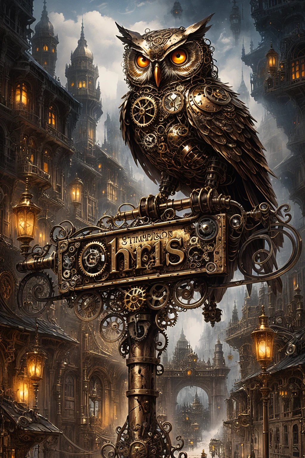 Búho mecánico steampunk posado sobre un letrero en una ciudad antigua
