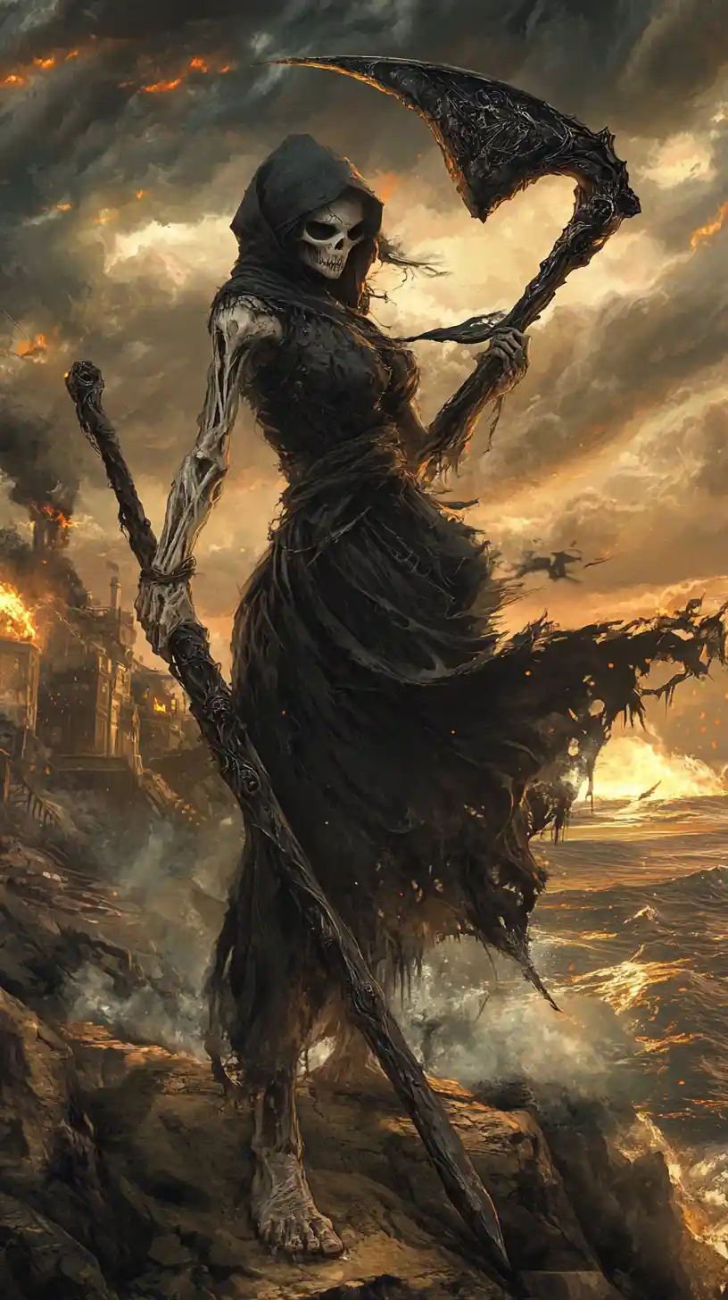 Grim reaper woman with scythe on cliff at burning sea