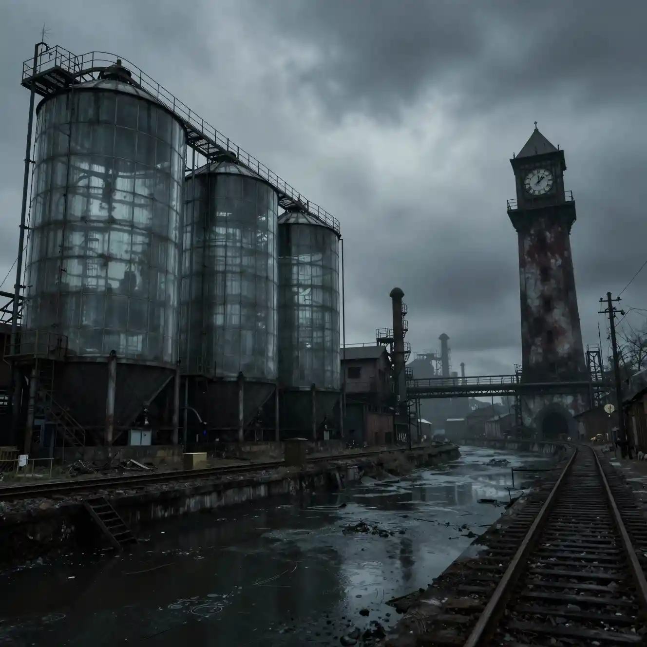 Spooky clock towers over glass silos in industrial railyard