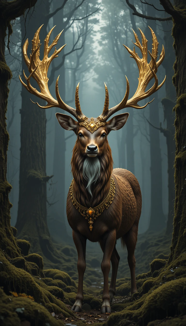 Cerf majestueux aux bois dorés dans une forêt brumeuse