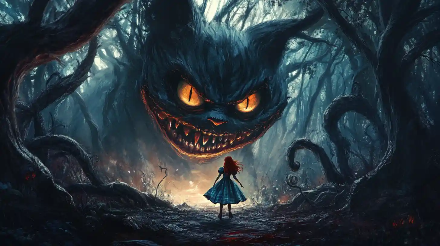 Alice walking alone through a dark twisted forest