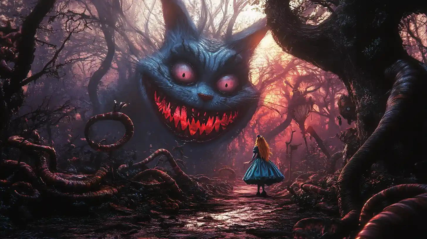 Alice walking alone through a sinister dark forest
