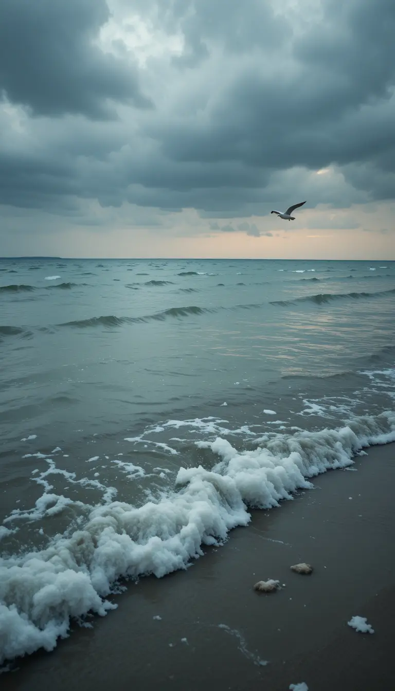 Somber seascape with lone seagull over polluted waters