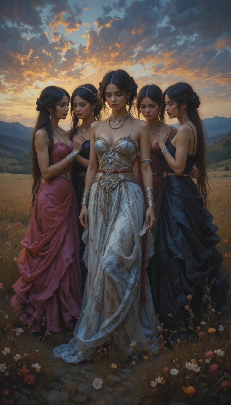 Tribal women gathered on a twilight meadow in somber impressionism