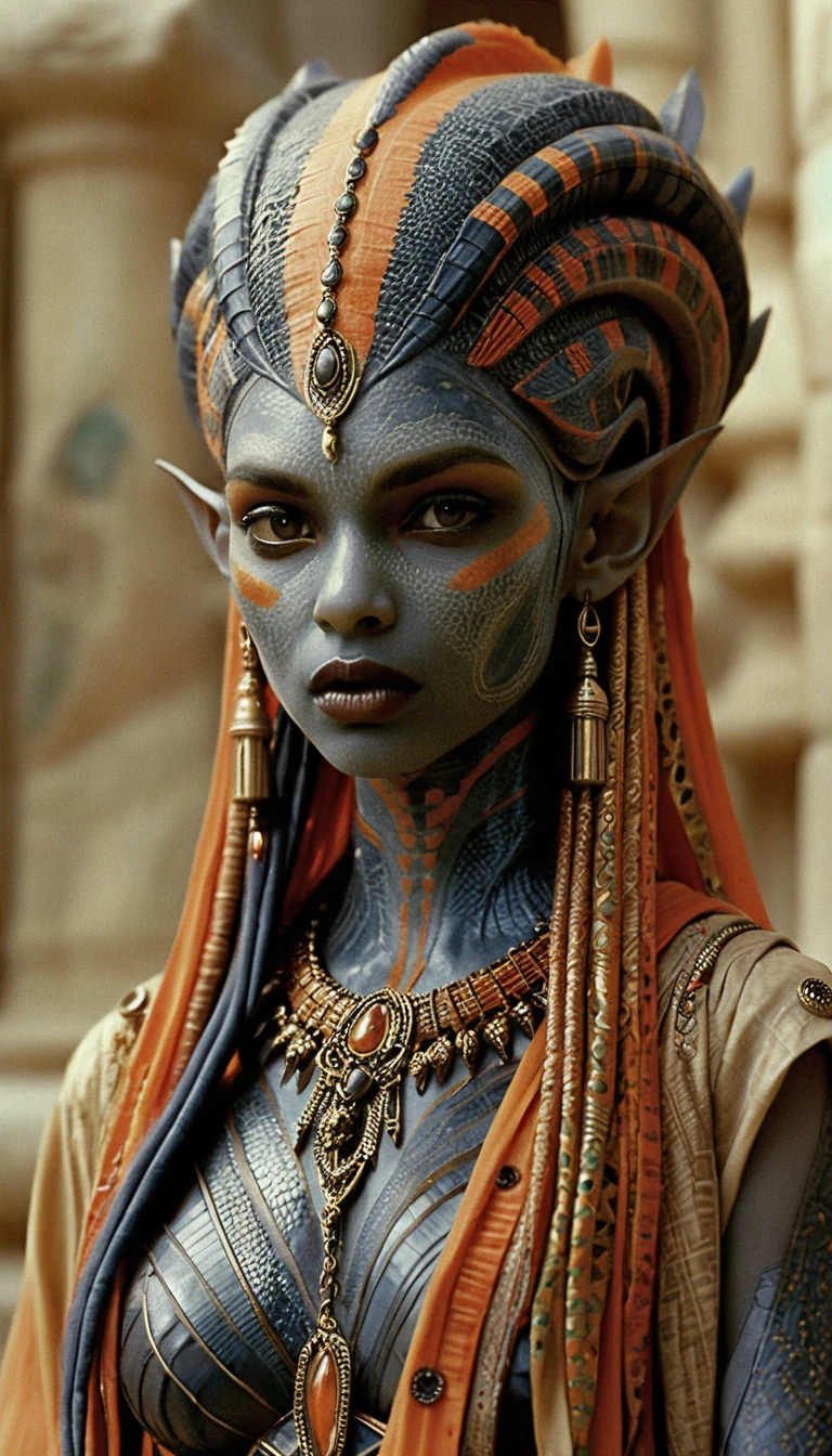 Alien reptilian priestess in tribal sci fi ceremonial portrait