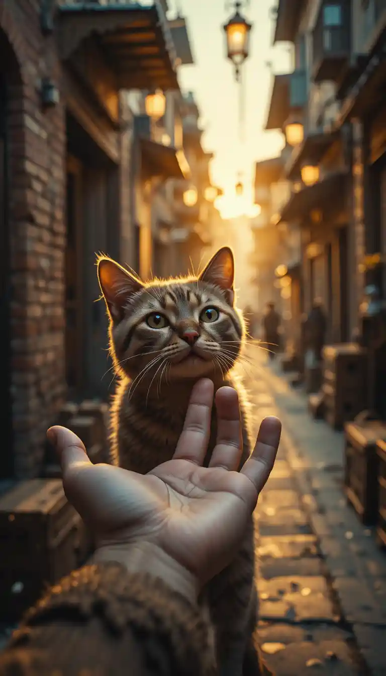 Cat touching a young womans hand in warm alley light
