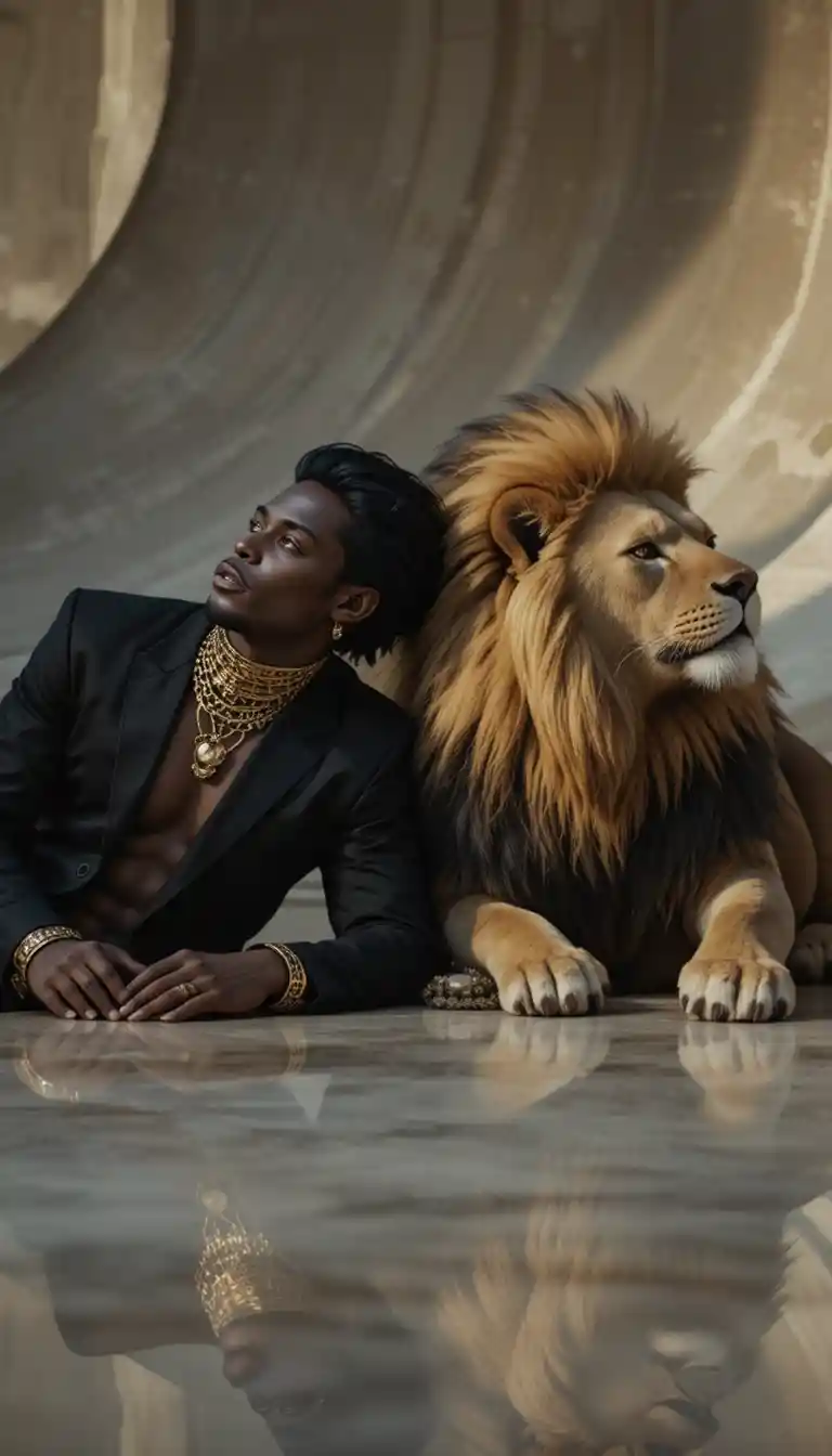 Afrofuturist man reclining with lion in cinematic light
