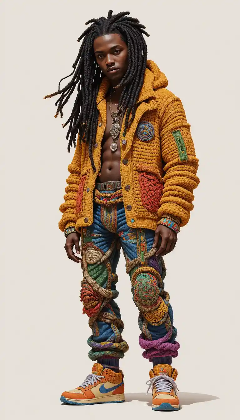 Afrofuturistischer Häkel-Mann im markanten Ganzkörper-Vektordesign