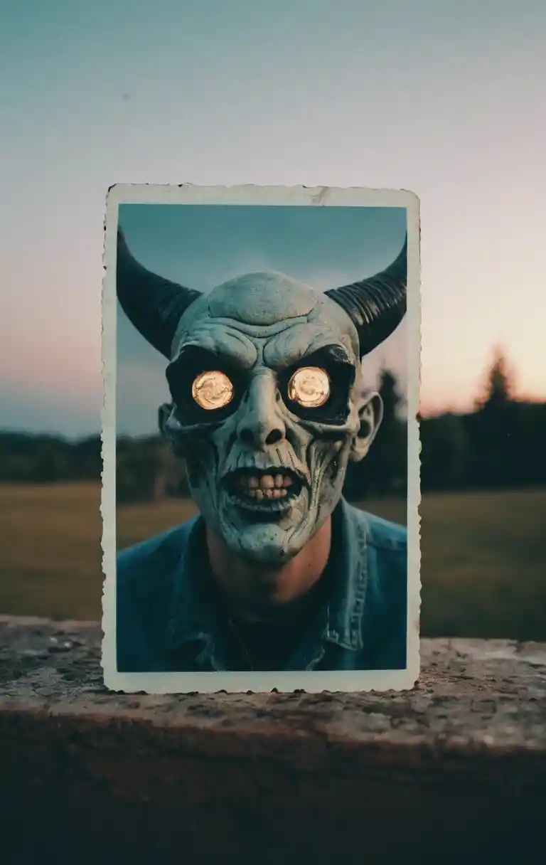 Close up demonic portrait in cracked vintage photo style