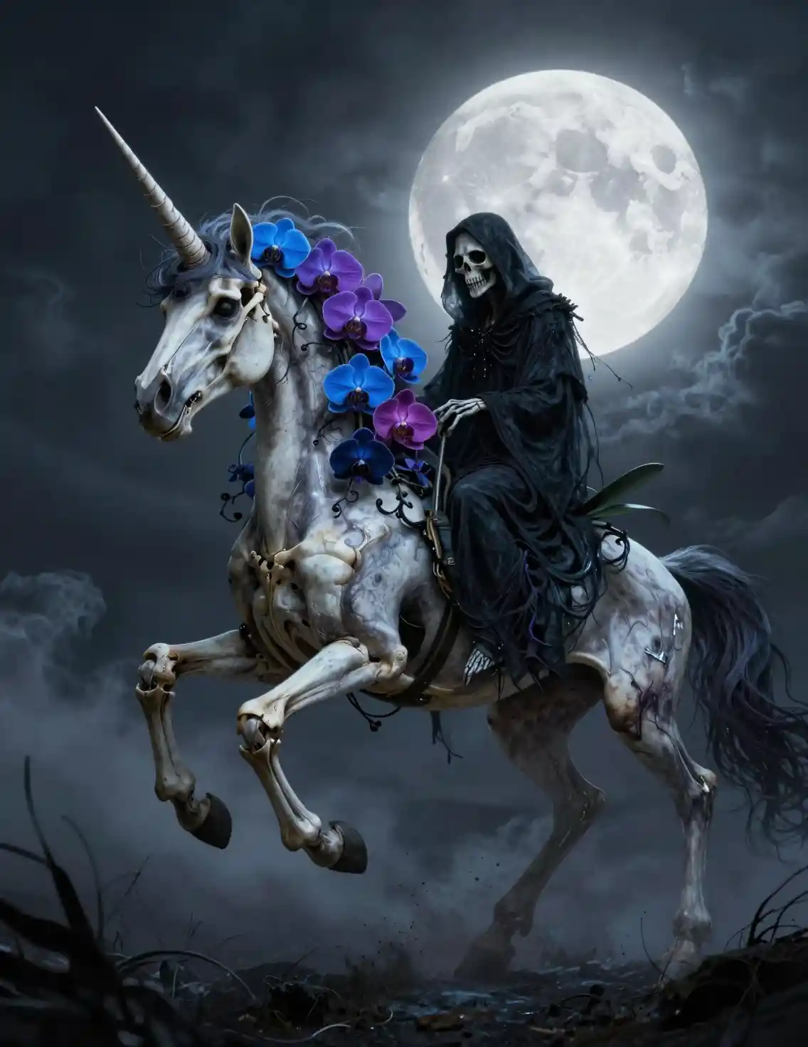 Skeletal unicorn with orchid bouquet under a luminous full moon