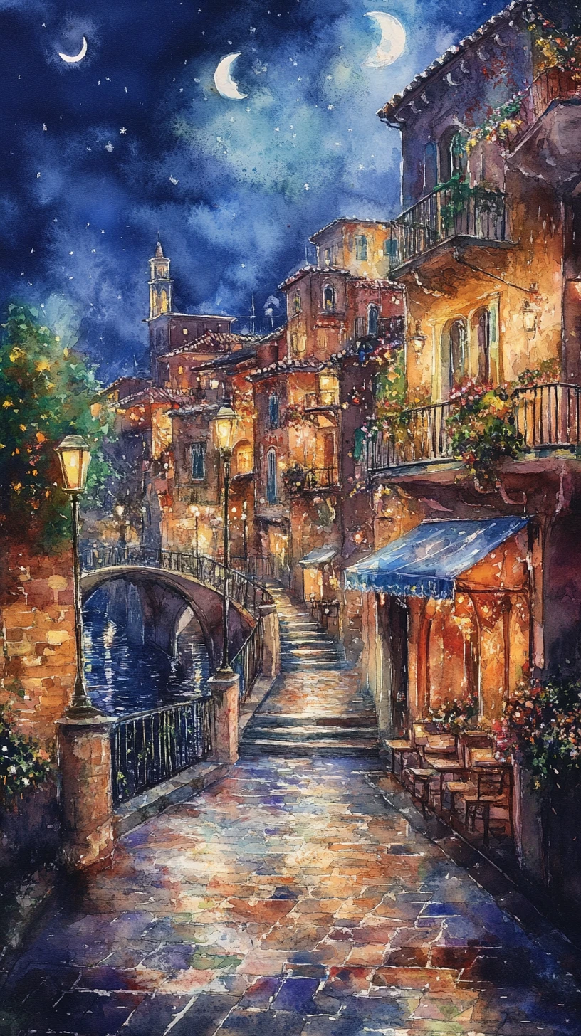 Watercolor cityscape of Monaco waterfront shining at night