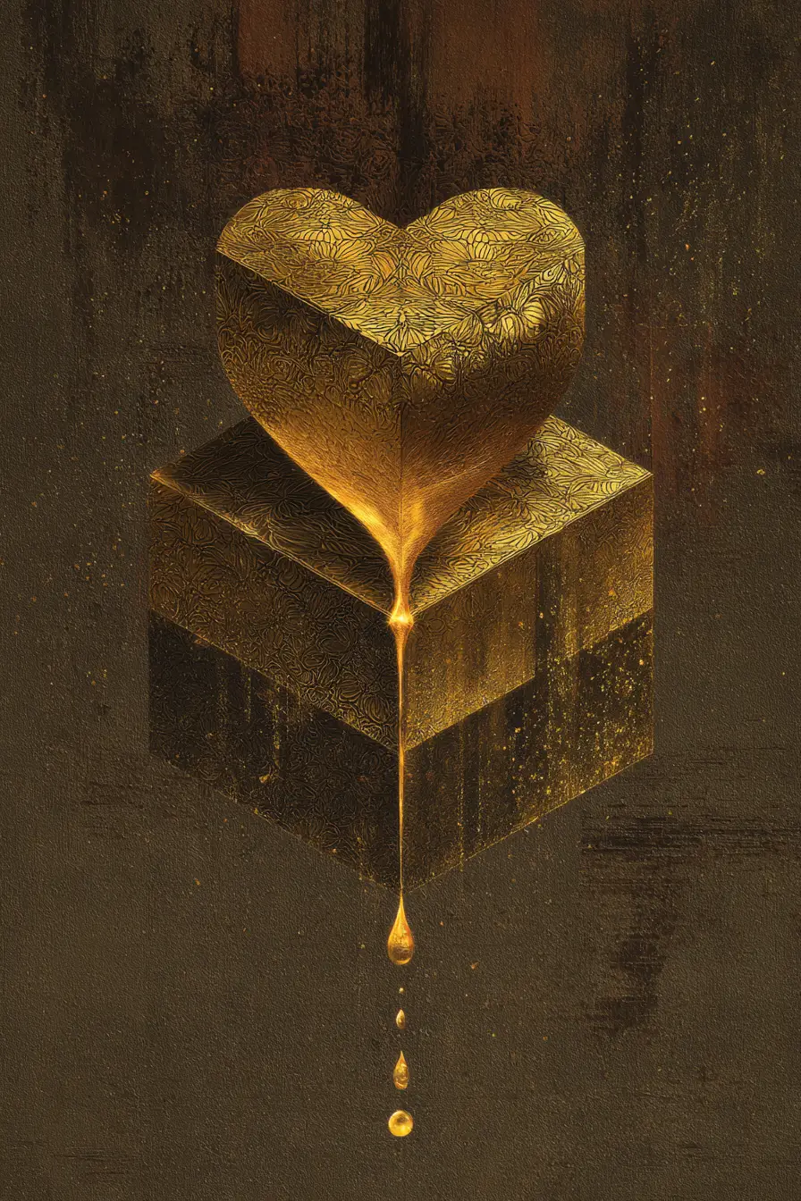 Minimalist heart icon with tears in abstract space