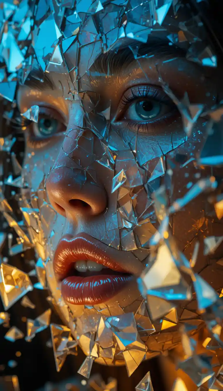 Shattering mirror fragments suspended before a woman