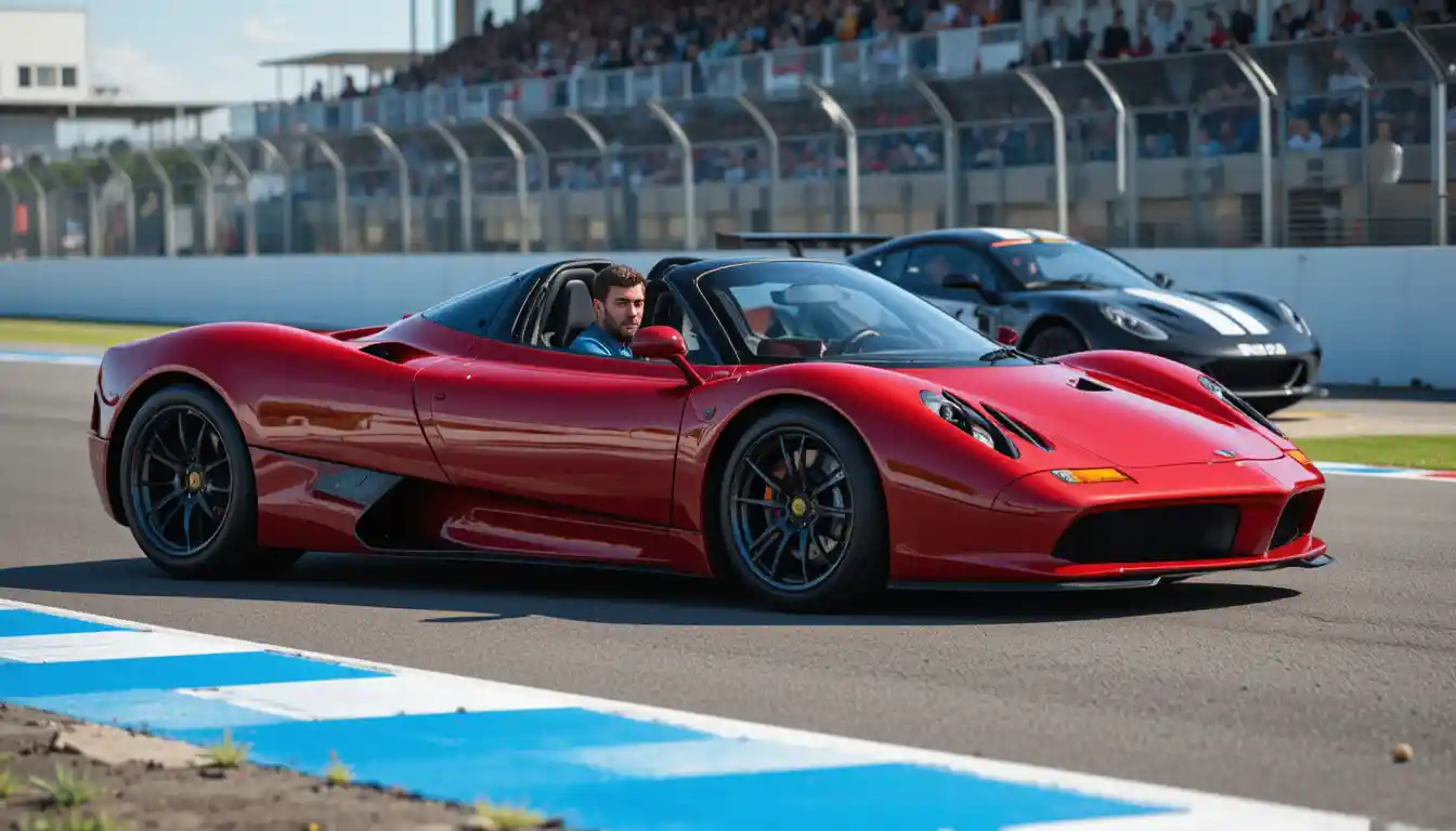 Pagani roadster vermelho em pista de corrida com motorista sentado